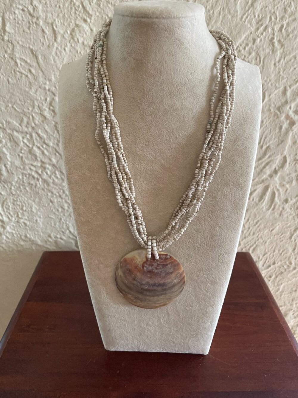Multi-Strand White Seed Bead Necklace with Mother of Pearl Shell Pendant